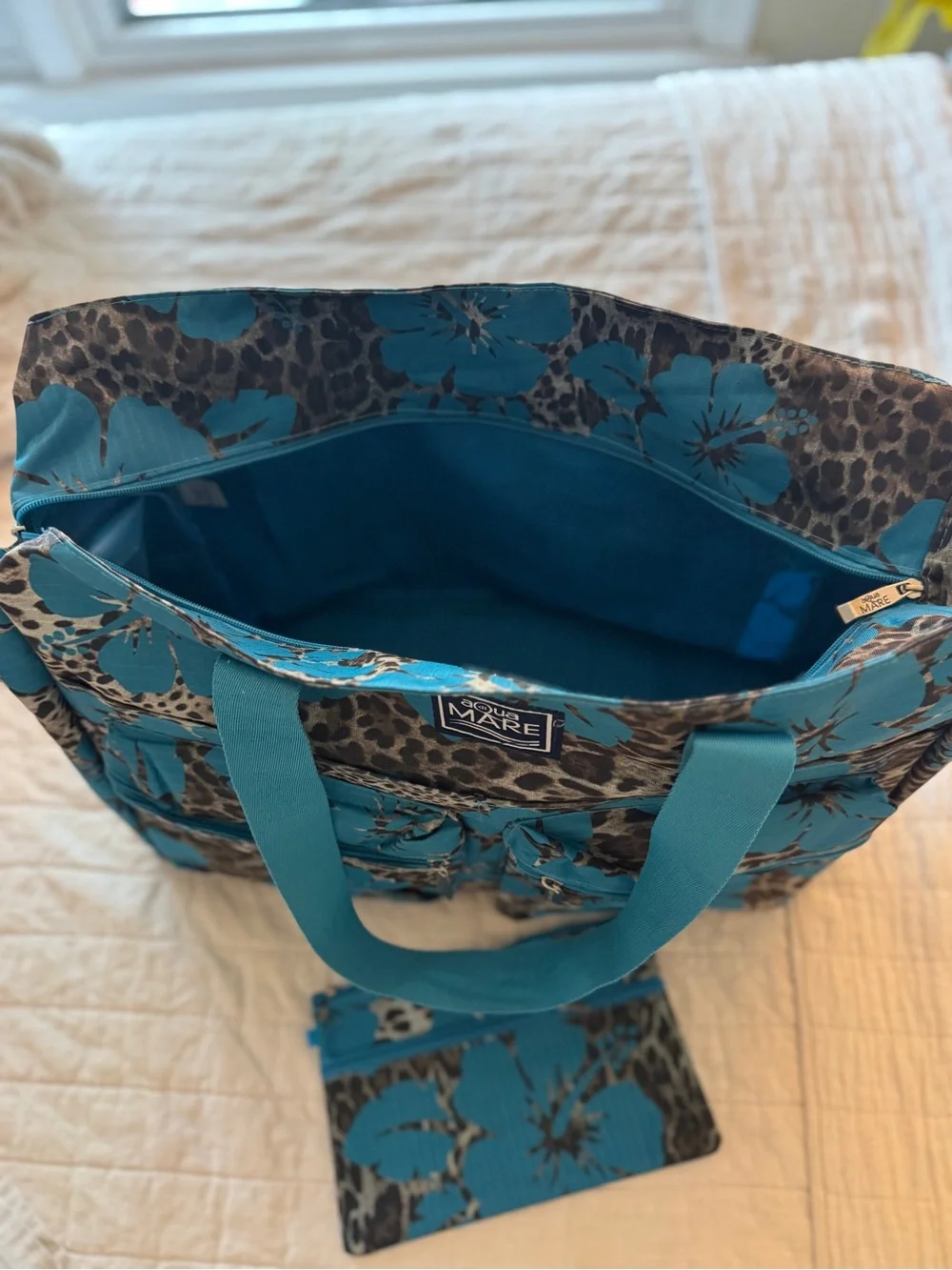 Teal Floral Tote with Matching Pouch